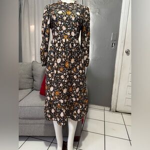 Floral Long Sleeve Midi Dress in Black and Mustard